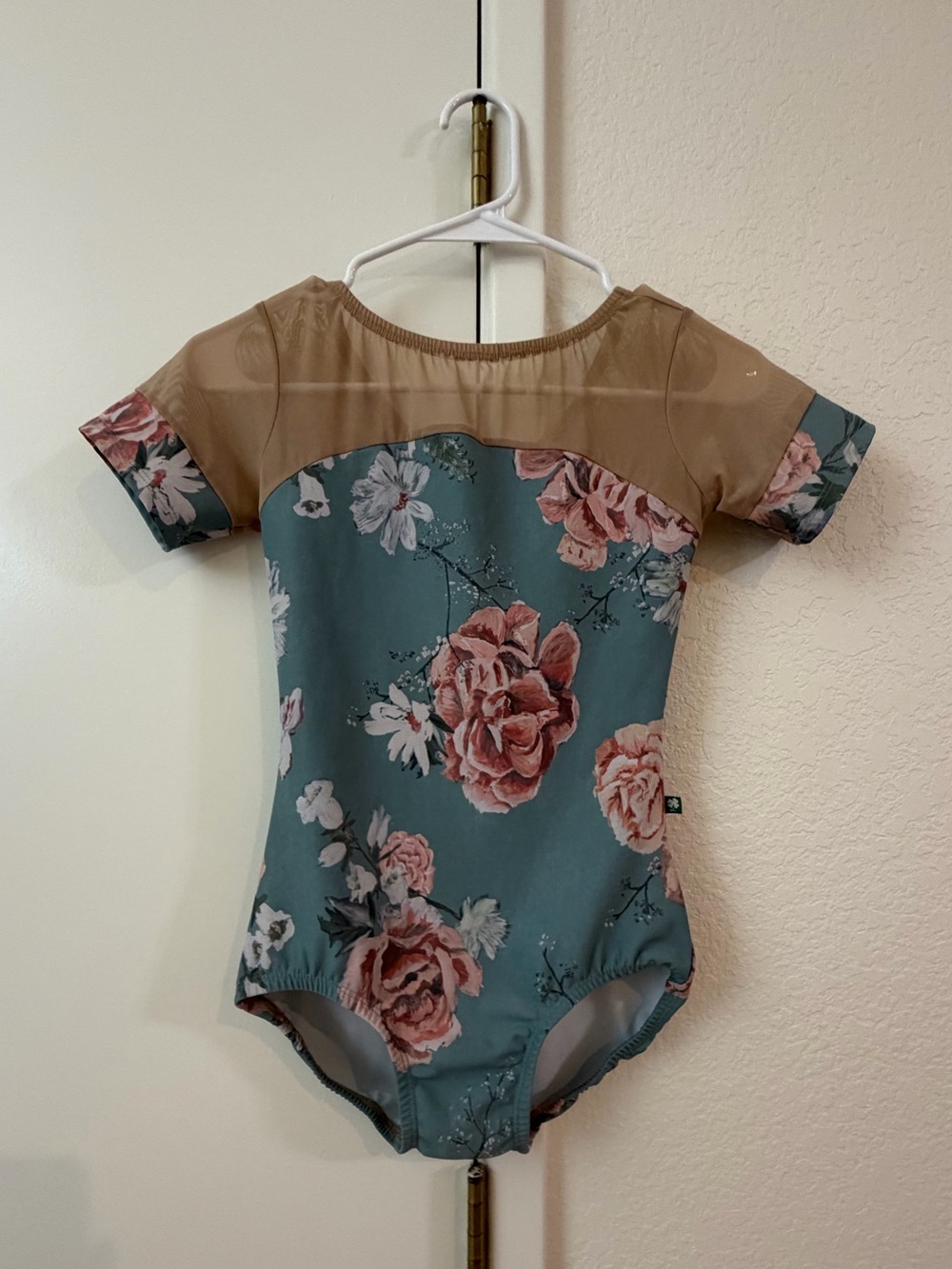 EUC LuckyLeo Floral Mesh-Top Leotard in Dusty Blue and Blush